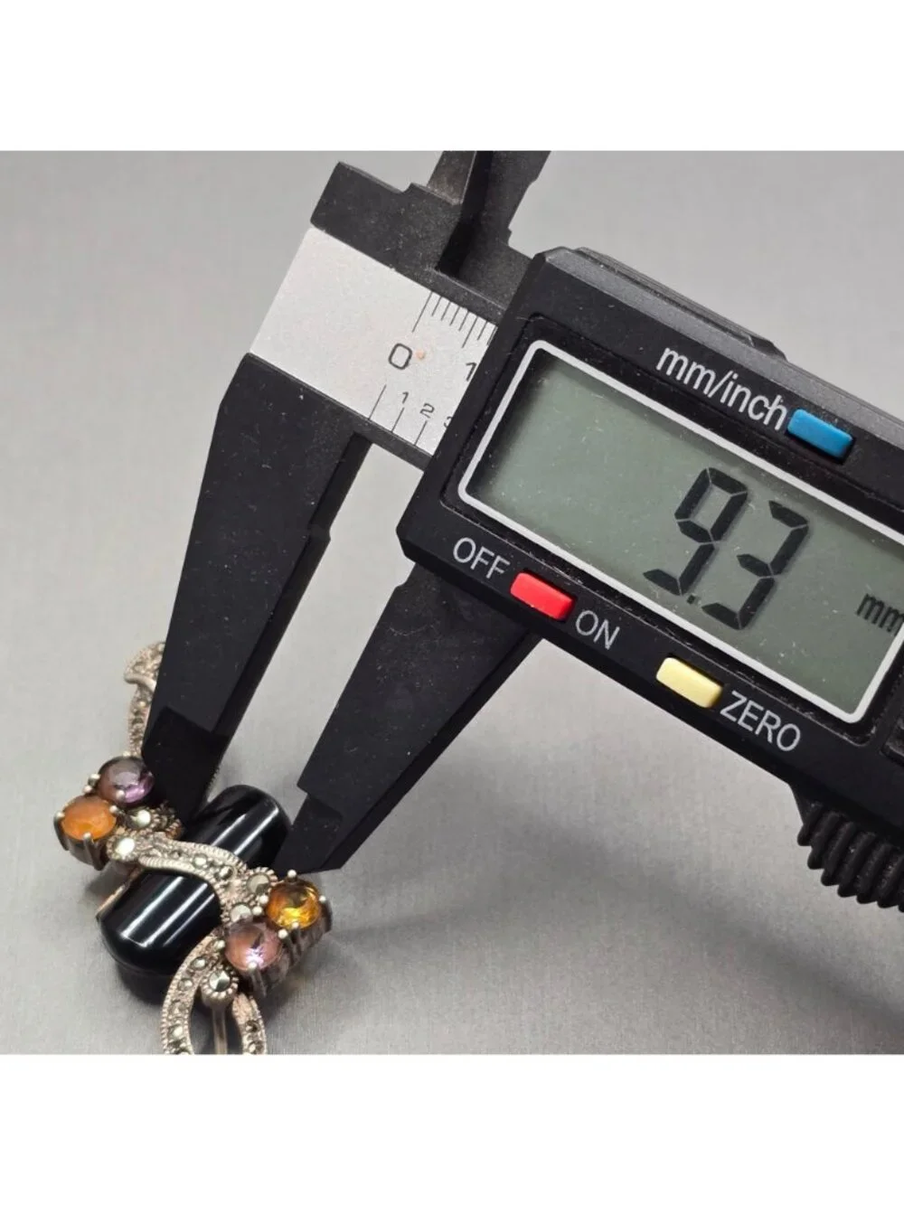 Art Deco Sterling Silver Onyx Amethyst Citrine Marcasite Brooch Vintage C Mark - Picture 11 of 15